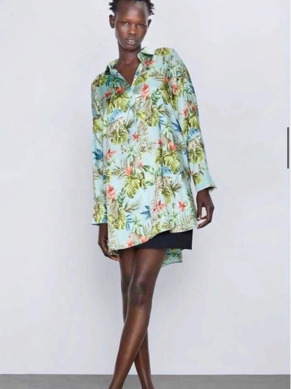 Zara Oversized Tropical Animal Print Blouse in Blue & Green Size Xs